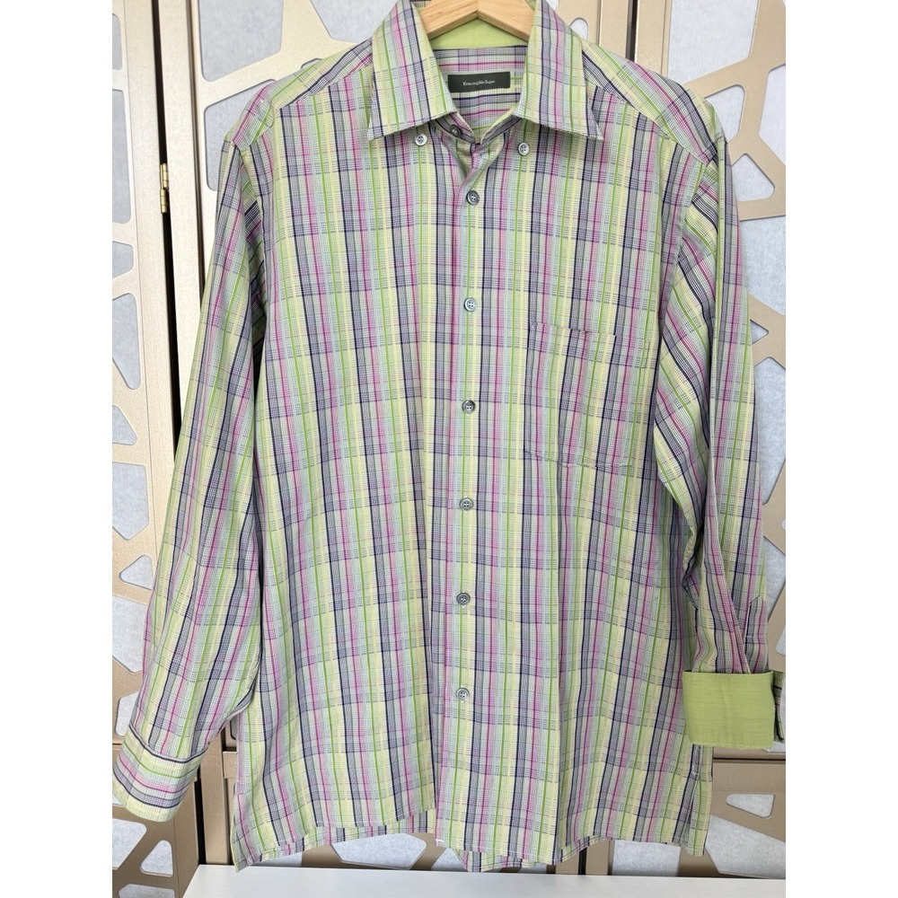 ERMENEGILDO ZEGNA Size L Large Shirt Colorful Busy Plaid Button Up Flip Cuff
